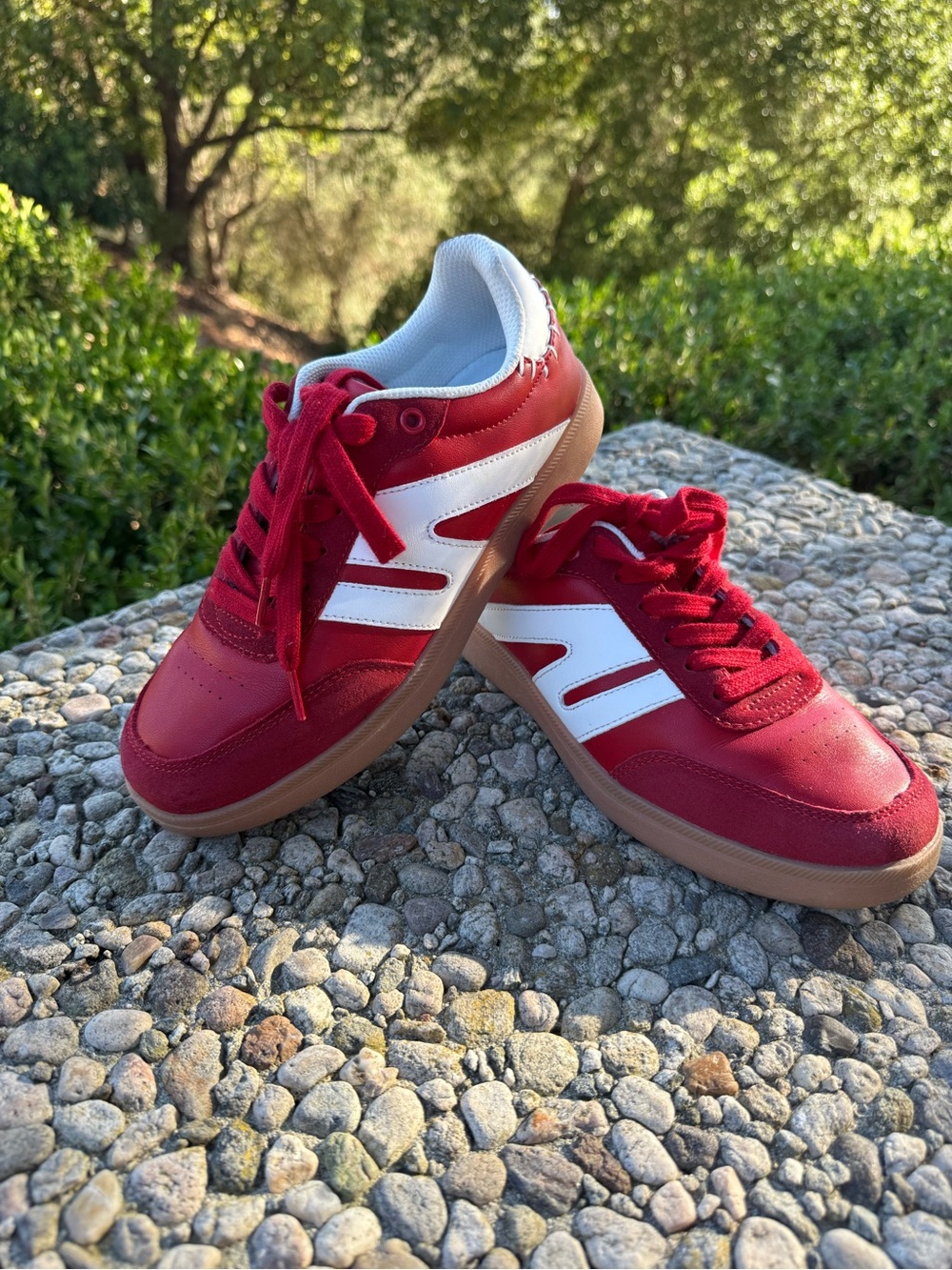 Women Red Athletic Sneakers with White Stripe